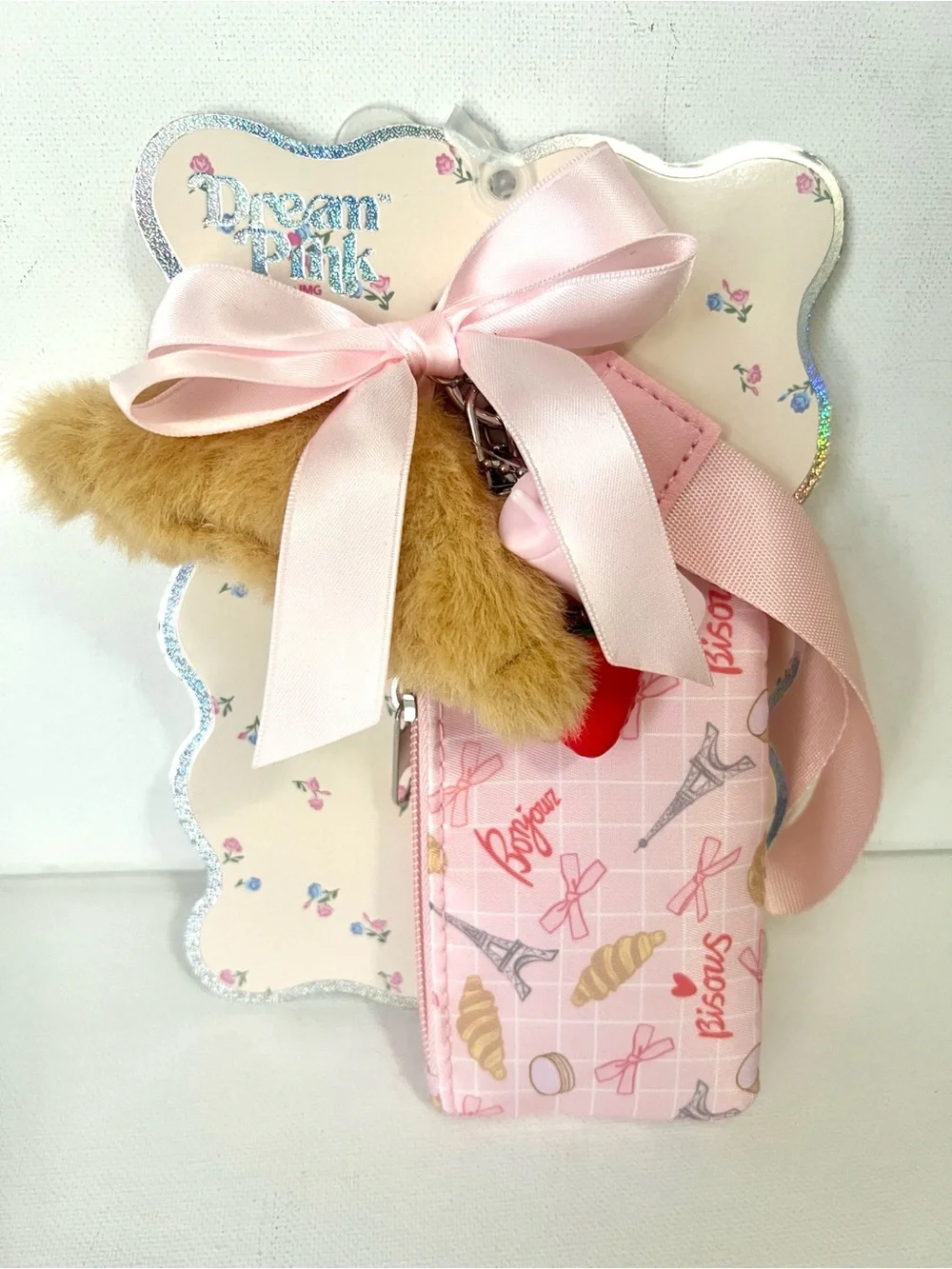 Dream Pink Coin Purse w Wrist Strap and Croissant, Strawberry, Tumbler Charms